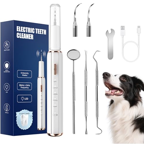 Dog Plaque Remover for Teeth, 7Pcs Teeth Cleaning Kit, Rechargeable Ultrasonic Pet Tartar Remover for Calculus and Teeth Stains, 5 Cleaning Modes with LED Light, IPX6 Waterproof Dental Care Kit