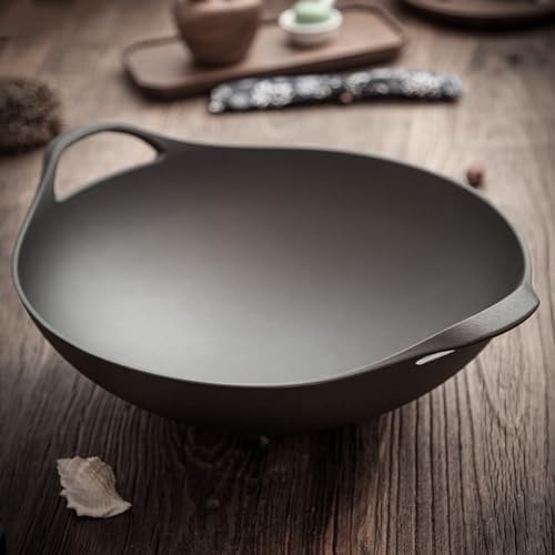 Handmade Cast Iron Wok 36cm Woks and Stir-Fry Pans Chinese Traditional Round Bottom Wok with Handled and Wooden Lid