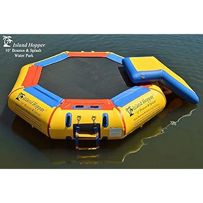 Island Hopper 10' Bounce N Splash Padded Water Bouncer with Slide Water Park Durable Inflatable Trampoline Spring-Less Design with Foam Padding Water Trampoline for Lake - Supports 300 lbs
