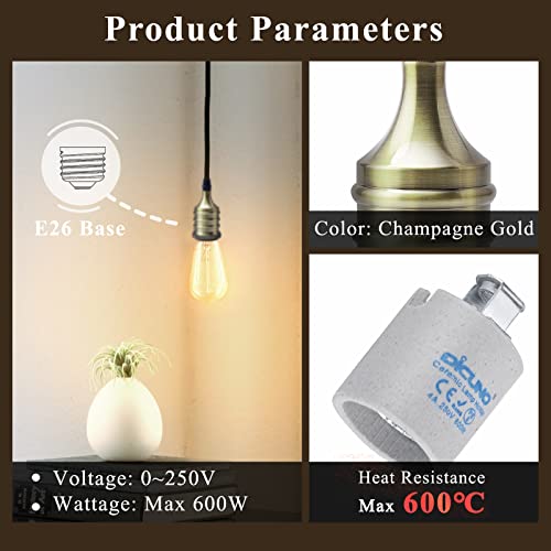 Dicuno Vintage E26 Lamp Socket, Edison Pendant Light Socket Replacement, Antique Hanging Lamp Holder For Industrial, Decorative, Diy Lighting, Champagne Gold, 600℃ Heat Resistant, Tower Shape, 6 Pack #TOP3
