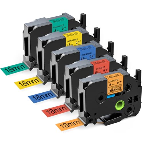 Labelife Replacement for Brother P Touch Label Tape TZe TZ Tape 18mm 0.7 Inch Laminated Black on Orange/Red/Blue/Yellow/Green Compatible with Brother P Touch PT-D400 D410 D600 1880, 3/4 inch, 5-Pack