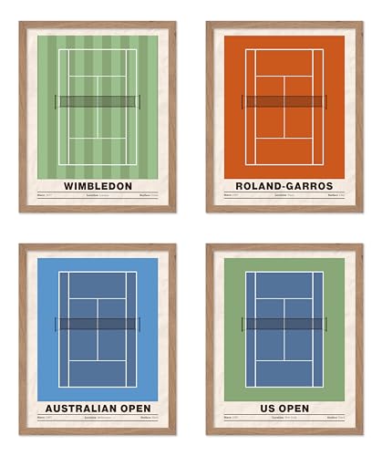 Monem Art 4-Piece Sports Poster - Tennis Print - Sport Tournament Design - Grand Slam Art - US Open Graphic - Australian Open Illustration - Gym or Office Wall Decor - 11x14 Beige Framed