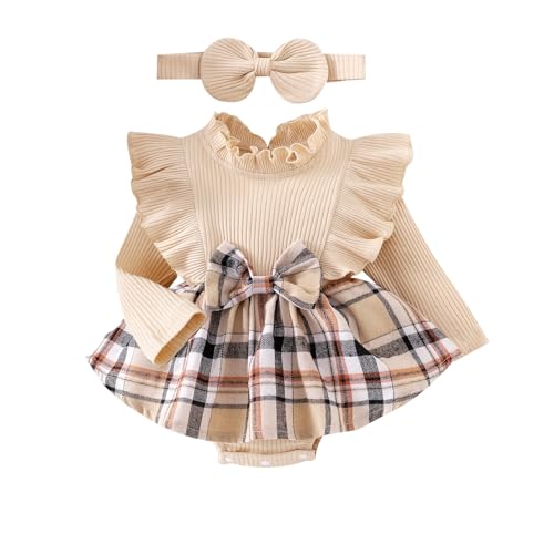 Image of DOMOABEI Baby Girl Clothes Cute Plaid Romper Dress Ruffle Long Sleeve One-piece Jumpsuit Bodysuit with Bow Headband