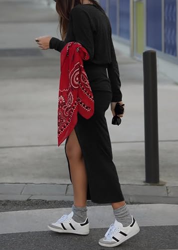 KIRUNDO Fall Dresses for Women 2025 Long Sleeve Boat Neck Wrap Ruched Elastic Waist Casual Knit Maxi Dress with Slit2