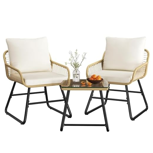 Abician 3 Pièces Salon de Jardin Exterieur en Polyrotin, 2 Personnes Ensemble Mobilier avec 2 Fauteuils et 1 Table Basse Plateau en Verre Trempé, pour Patio Terrasse Bistro Beige/Crème
