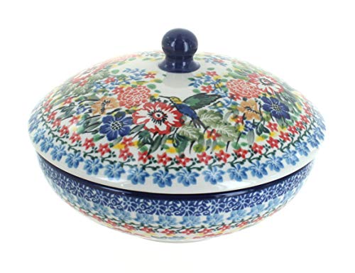 Blue Rose Polish Pottery - Red Hummingbird Covered Bowl - 6.5" Diameter - Unique Bowl for Mashed Potatoes, Rice, or Candy