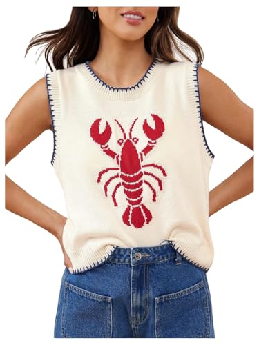 Verdusa Womens Lobster Crochet Tank Tops Sweater Vest Sleeveless Knit Tops Funny Shirts Beige Medium