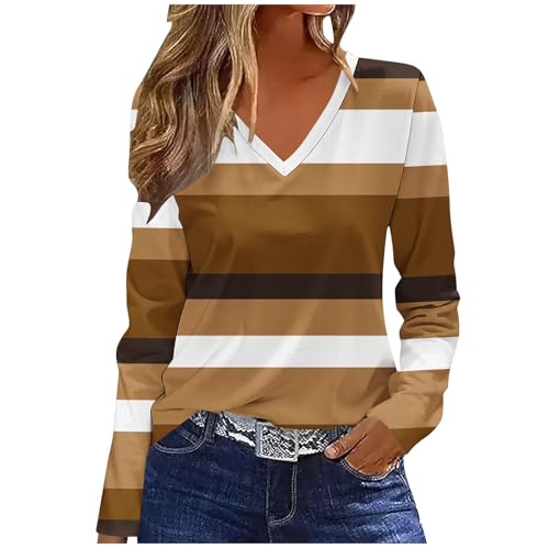 bawilom Women's Long Sleeve Tops Blouse Fall Casual Trendy Colourful Striped Color Block Crewneck Loose Shirts Clothes Coffee