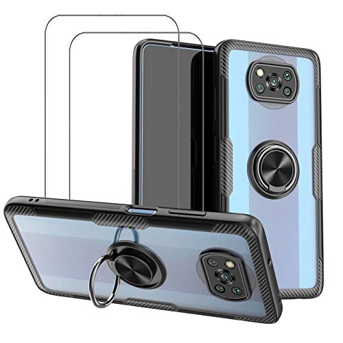 VICEANICS for Xiaomi Poco X3 NFC Case Xiaomi Poco X3 Crystal Clear Armor Case Cover with Magnetic Finger Ring Holder Kickstand & [2 Pack] Tempered Glass Screen Protector, Black