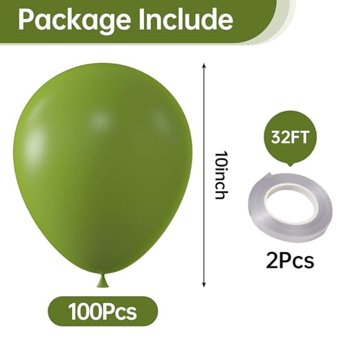 Image of KALOR 10 Inch Retro Olive Green Balloons, 100 Pcs Latex Helium Balloons for Kid's Birthday Party Baby Shower Wedding Graduation Graduation Party Decorations