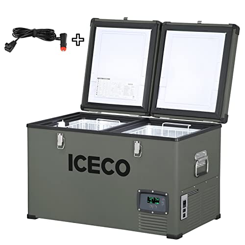 ICECO 68.6 Quart Double Zone Independent Control Portable Refrigerator with SECOP Compressor, 12 Volt Freezer for Car, Home, Camping, RV, 0°F to 50°F, 12/24V DC, 100/240V AC & 12V DC Power Cable ICECO 68.6 Quart Double Zone Independent Control Portable Refrigerator with SECOP Compressor, 12 Volt Freezer for Car, Home, Camping, RV, 0°F to 50°F, 12/24V DC, 100/240V AC & 12V DC Power Cable