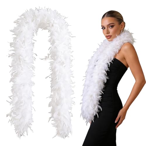 KASLCWA Boa Plumes Blanc Écharpe, Guirlande Plume Blanche, Boa de Plumes, Écharpe en Plume de 2 m pour les Fêtes, Noël, Mariages, Tables Centrales, Costumes