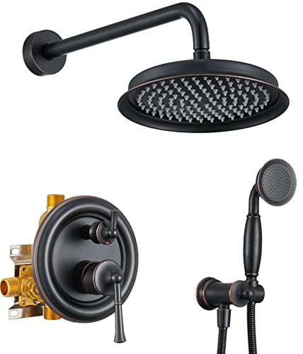 Image of Antique Rain Shower Head with Handheld Spray, Oil Rubbed Bronze Rain Shower System with Rough-in Balance Pressure Valve, 9 inch Bathroom Luxury Rain Fall Shower Head Wall Mount Round, (B2312-ORB)