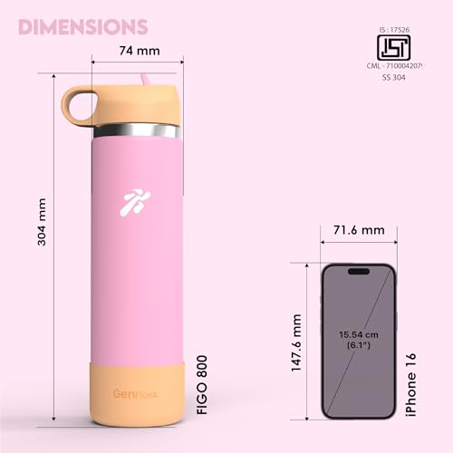 Image of VBOTT GENFLASK-FIGO - 800 ml |Thermosteel Flask with Straw Sipper with Finger Loop| SS 304 Water Bottle|Hot /Cold-18 /24 hrs|Insulated Bottles| Peach /Pink Colour |Multipurpose