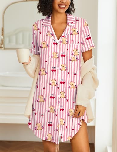 Image of Ekouaer Nightgowns for Women 2 Pack Button Down Sleepwear Short Sleeve Sleepshirts Soft Nightshirts Boyfriend Pajama Dress