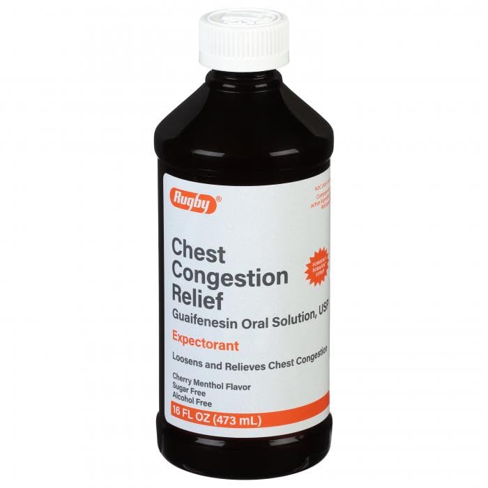 Rugby Chest Congestion Relief Guaifenesin 100 mg Expectorant Cherry Menthol Flavored Cough Syrup