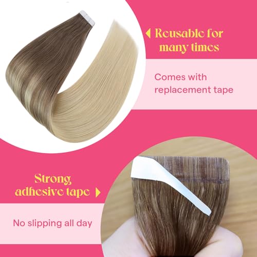 Image of Ve Sunny Hair Tape in Extensions Light Brown Balayage Platinum Blonde | Hair Tape Extensions,16Inch 25g 10Pcs,Straight Smooth,for Daily Use