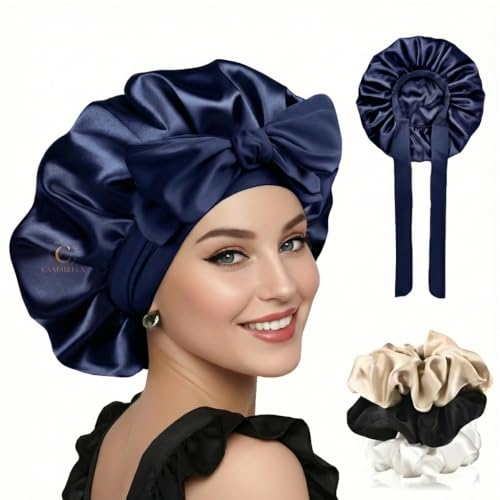 Image of Silk Bonnet for Hair with 3 Scrunchies, Adjustable Hair Cap for Sleeping, Bonnet for Curly Hair with Wide Elastic Tie Band