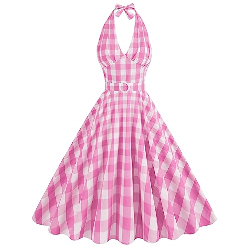 Elegant Vintage Pink Gingham Dress for Women 1950s 50s Plaid Checkered  Swing Dresses Halter Neck Pin Up Knee Length Sleeveless Empire Waist  Rockabilly Audrey Hepburn Tea Dress Pink White Plaid L at