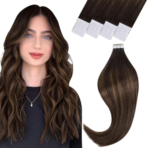 Vivien Brown Human Hair Extensions Tape Balayage Seamless Tape in Natural Hair Extensions Dark to Light Brown Ombre Double Sided 20pcs 50g 18 Inch #2/8/2