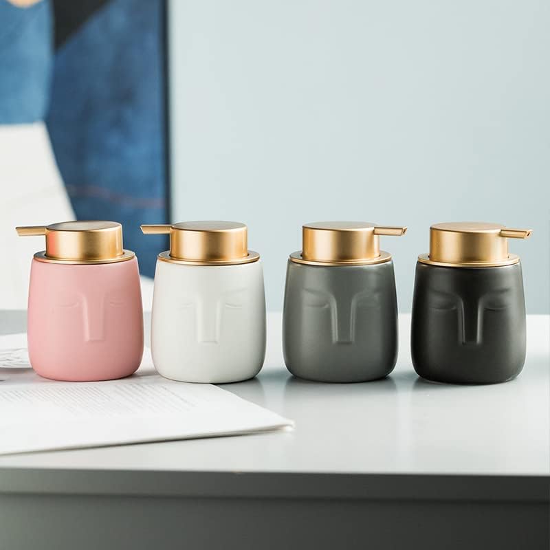 Unique Modern Soap Dispenser, Face-Shaped Ceramic Bottle with Rust Proof Gold Matte Pump, Decorative Lotion Dispenser for Bathroom or Kitchen (Pink)
