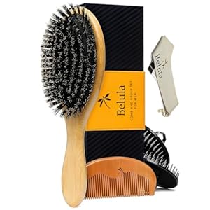 Belula Boar Bristle Hair Brush Set for Men – Soft Mens Hair Brush for Thin, Normal & Short Hair – Includes Wooden Comb, 2 Palm Brushes & Travel Bag – Best Hair Brushes for Men!