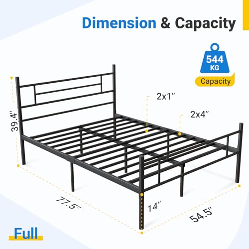 Avenco Metal Platform Bed Frame Full Size with Classical Headboard and Footboard, 14 Inch, Under Bed Storage, Strong Metal Slats Support, Mattress Foundation, No Box Spring Needed