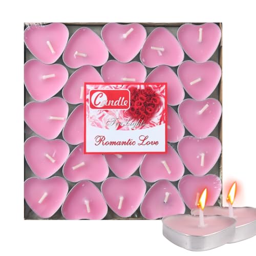 Heart Shaped Tealight Candles 50 Packs,25 * 2 Layers Romantic Love Unscented mokeless for Dinner Home Wedding (Pink)