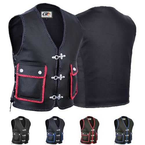 Leder Motorrad Kutte Karabiner Lederweste Bikerweste Motorradweste, L, Schwarz/Rot