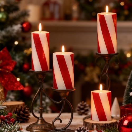 Image of Eldnacele Christmas Candy Cane Stripe Flameless Candles with Remote and Timer, Battery Operated 3D Wick Flickering Real Wax Stripe Glitter Pillar LED Candles Holiday Xmas Decor (3Pcs, D3xH4 /5 inch /6 inch)