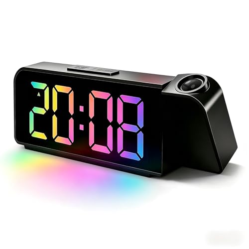 Réveil Projecteur LED 180°, Horloge Numérique RGB avec Projection au Plafond, Grand Écran LED, Date Température, Luminosité Réglable 3 Niveaux, Port USB, Réveil de Chevet pour Chambre Bureau