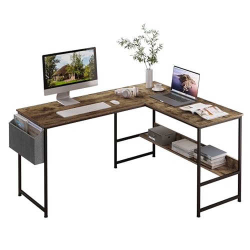 eSituro Mesa Escritorio en Forma L, 150 x 120 cm Escritorio Esquinero con Estante y Bolsa Lateral, Escritorio Grande de Oficina en Casa, Mesa Ordenador Gaming, Marrón Rústico y Negro