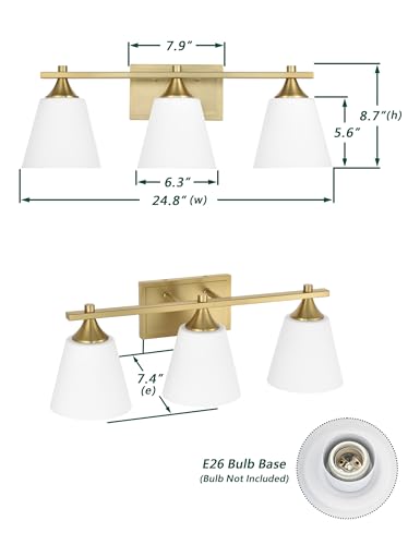 Image of Brass Bathroom Vanity Light Fixtures, 3 Lights Traditional Gold Vanity Lighting Fixture with Opal Glass Shade, Porch Wall Mount Light Fixture for Bathroom, Mirror Cabinets Hallway Stairs, Aged Brass