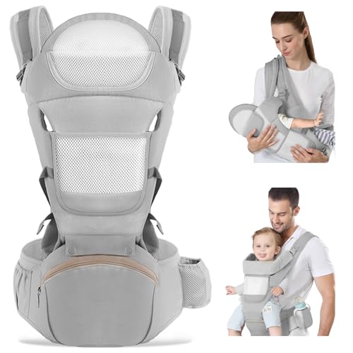 Image of Baby Carrier with Hip Seat for Dad: Baby Carriers Newborn to Toddler Ergonomic M Position Toddler Carrier 6in1 Head Support Infant Carrier Mesh Baby Carriers for Mom (Grey)