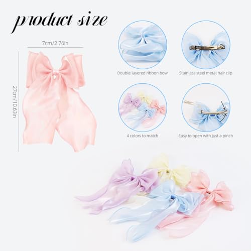 Image of PALAY 4 Pcs Bow Hair Clips for Women Girls Stylish Colorful Long Tail Ribbon Large Tulle Barrettes Vintage Style Elegant Hair Accessories for Woman Daily Wear