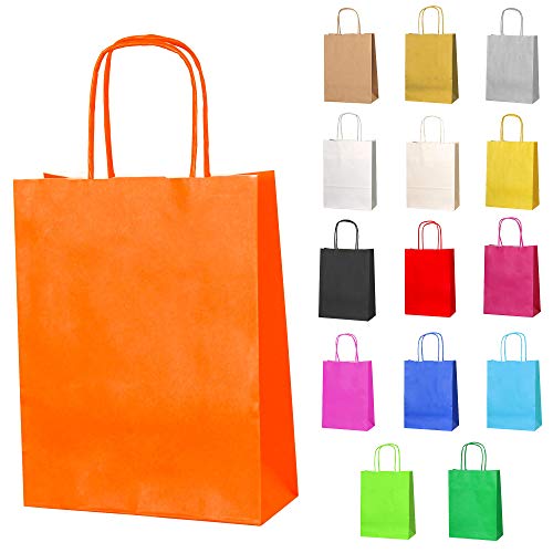 Thepaperbagstore 10 Naranja Bolsas de Papel con Asas para Fiestas   18x22x8cm   Bolsas de Regalo de Papel Coloridas para Fiestas Infantiles y de Adultos, Cumpleaños, Bodas, Baby Showers.