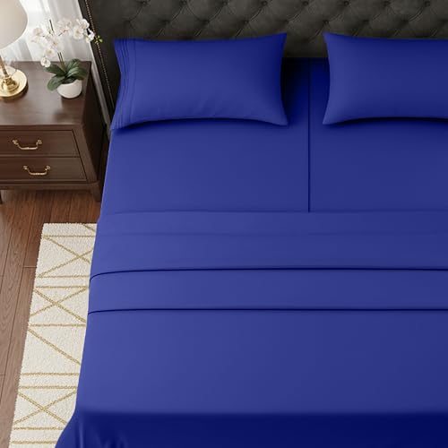 Image of Elegant Comfort Luxurious 1500 Premium Hotel Quality Microfiber Three Line Embroidered Softest 5-Piece Bed Sheet Set, Wrinkle and Fade Resistant, Split King, Royal Blue