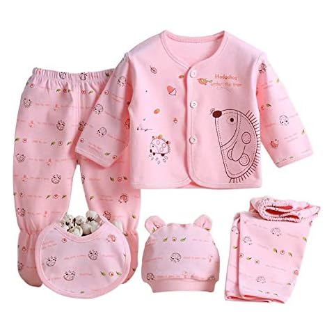 Infant Baby Boy Girl Clothes Outfits, 5Pcs Sleepwear Set Long Sleeve Tops+Hat+2Pcs Pants+Bib Clothes Set Gift for 0-3 Months Newborn (Pink) Cover