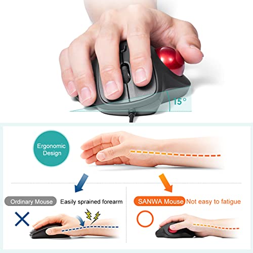 Sanwa Wired Ergonomic Trackball Mouse, Optical Vertical Rollerball Mice, Silent Buttons, 34Mm Trackball, 600/800/1200/1600 Adjustable Dpi, Compatible With Macbook, Laptop, Computer, Windows, Macos #TOP4