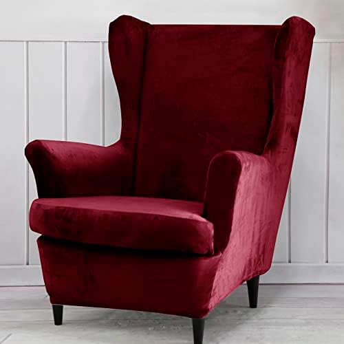 Qelus Wing Back Slipcover Chair Cover,Plush Chair Covers Armchair,Furniture Covers Protector for Living Room Bedroom Decoration (Red)