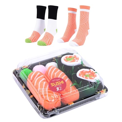 POPCRAZE Sushi Socks in a Box 2 or 3 Pairs One Size Fits Most Novelty Socks Funny Sushi Fathers Day Gift Idea Box (US Alpha One Size Regular Regular 2 Pairs)