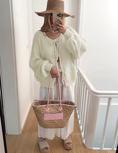 Image of SKIKYAN Women Bowtie Oversized Knit Sweater Cardigan Y2K Long Sleeve V Neck Open Front Casual Knitwears