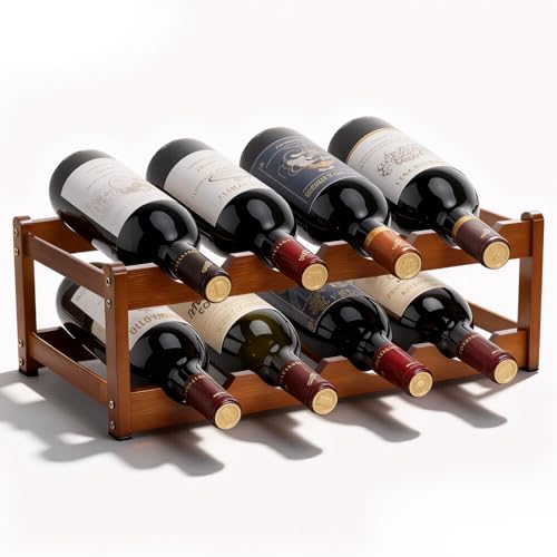 Fentar Portabottiglie di Vino, Cantinetta Vino 8 Bottiglie in Bambù Naturale, 2 Livelli Vintage Espositore Porta Vino da Terra per Cucina, Bar, Cantina, 43x23,5x15 cm