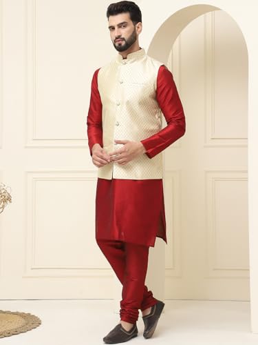 Image of SOJANYA (Since 1958 Men's Silk Blend Kurta Pyjama With Self Design Nehru Jacket