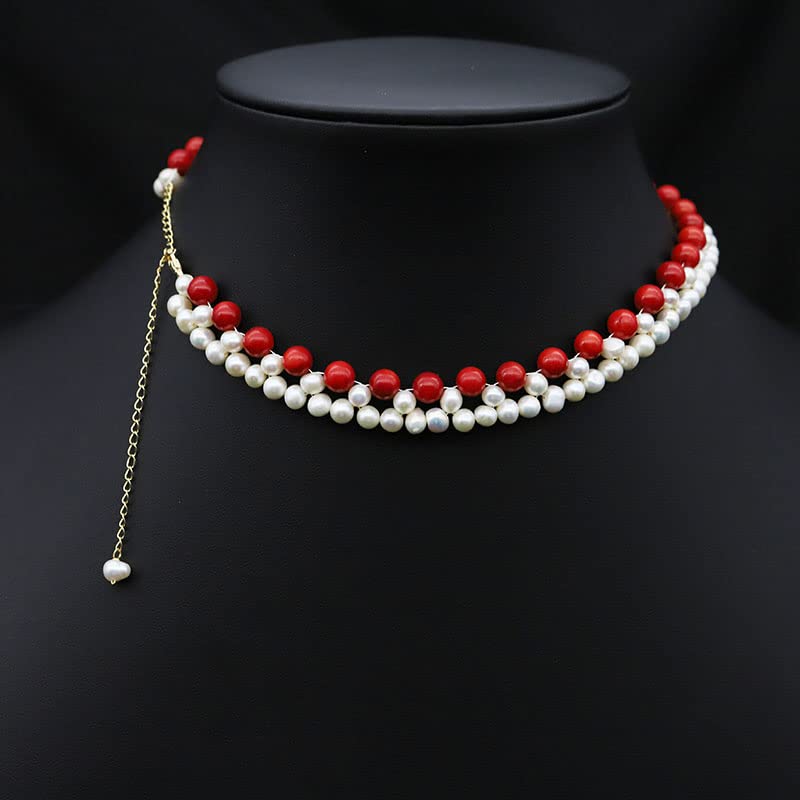 LOKILOKI Collana Regolabile di Corallo di bambù di Mare di Perle d'Acqua Dolce Naturale Collana di Gioielli da Regalo di Moda retrò per Feste di Compleanno per Donna