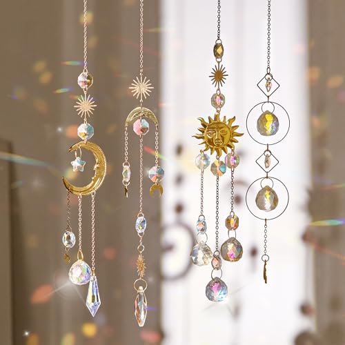 Louxiar 4PK Crystal Suncatcher for Windows Hanging Decor, Prism Sun Catcher with Chain and Hook,...