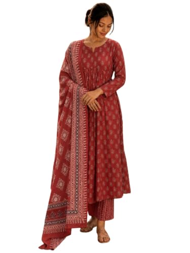 Image of ANNI Designer Women's Rayon Viscose Anarkali Kurta Set with Pant and Dupatta | Stylish Long Kurti Dress for Festive, Party, and Ethnic Wear