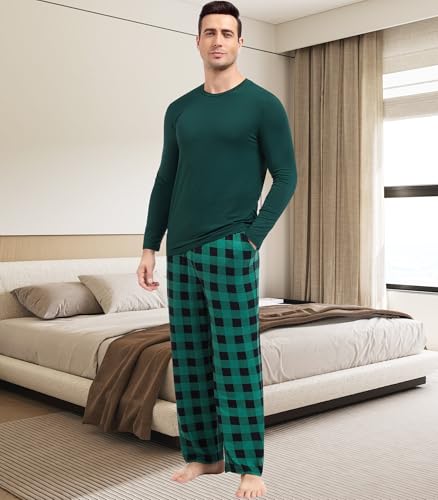 Image of NACHILA Pajamas for Men-Viscose Made from Bamboo, Long Sleeve Pajamas Set Comfy Sleepwear Pants Soft V Neck Pjs with Pockets