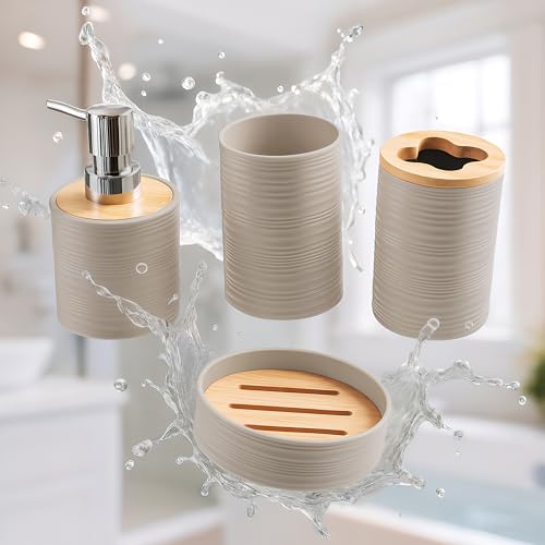 Image of Story@Home 4 Pieces Bathroom Accessories Set - Brown | Toothbrush Holder, Soap Dispenser, Mouth Wash Cup & Soap Dish for Home Kitchen & Bathroom | Bathroom Essentials for Offices