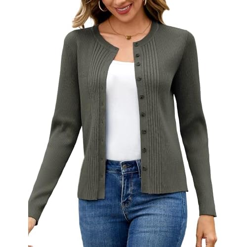 Totatuit Womens Button Down Cardigan Long Sleeve Casual Crewneck Knit Cardigans Sweater Tops Grey-green Medium